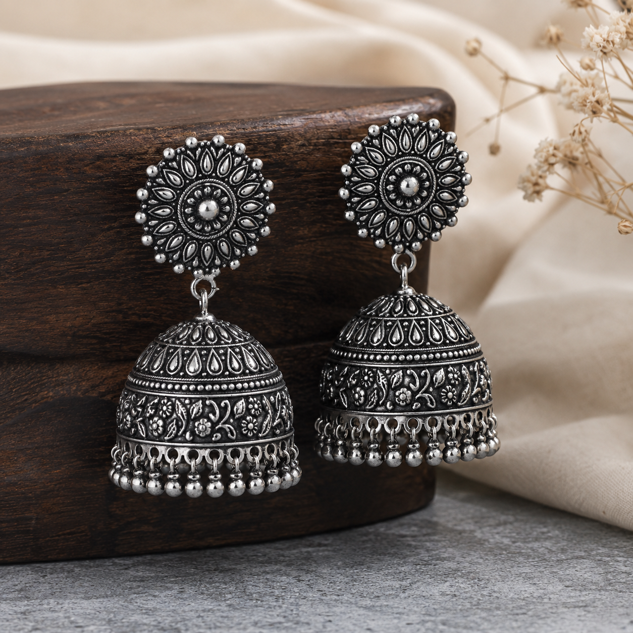 Oxidised silver jhumka earrings